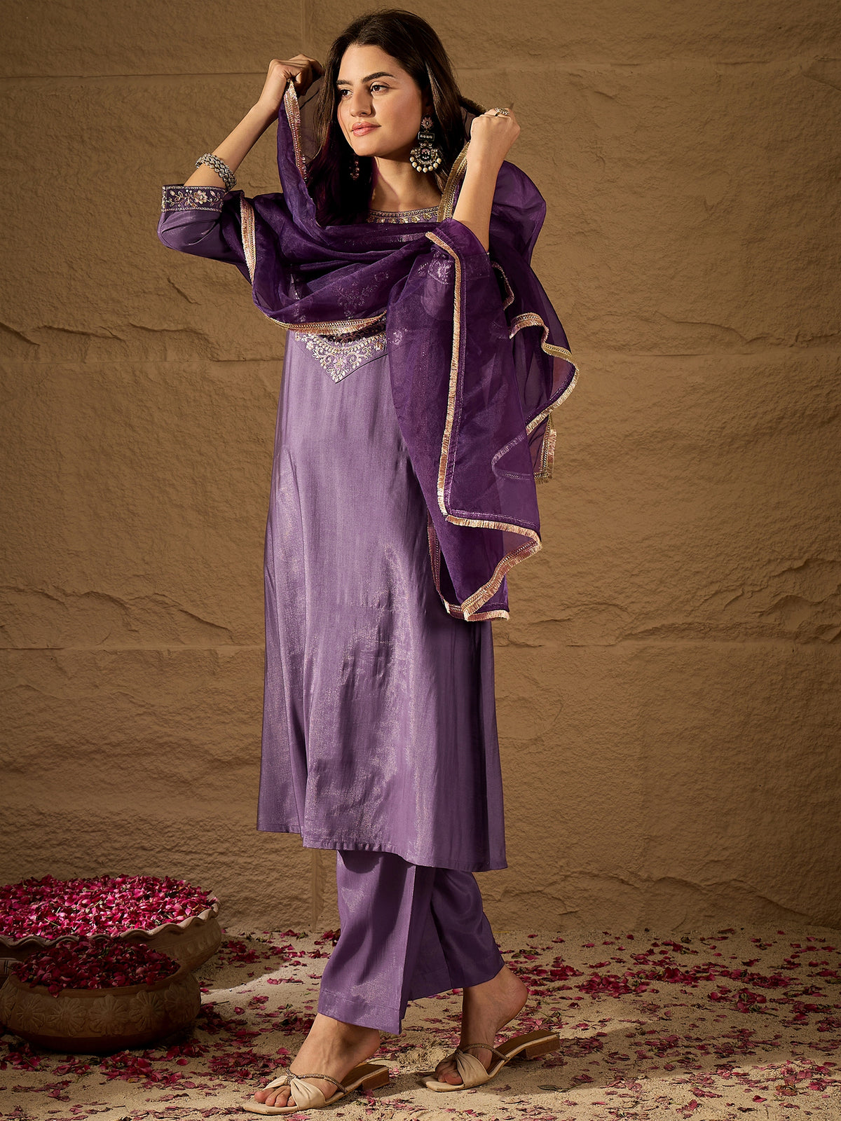 Royal Purple Silk Blend Kurta Set with Embroidered Yoke & Organza Dupatta