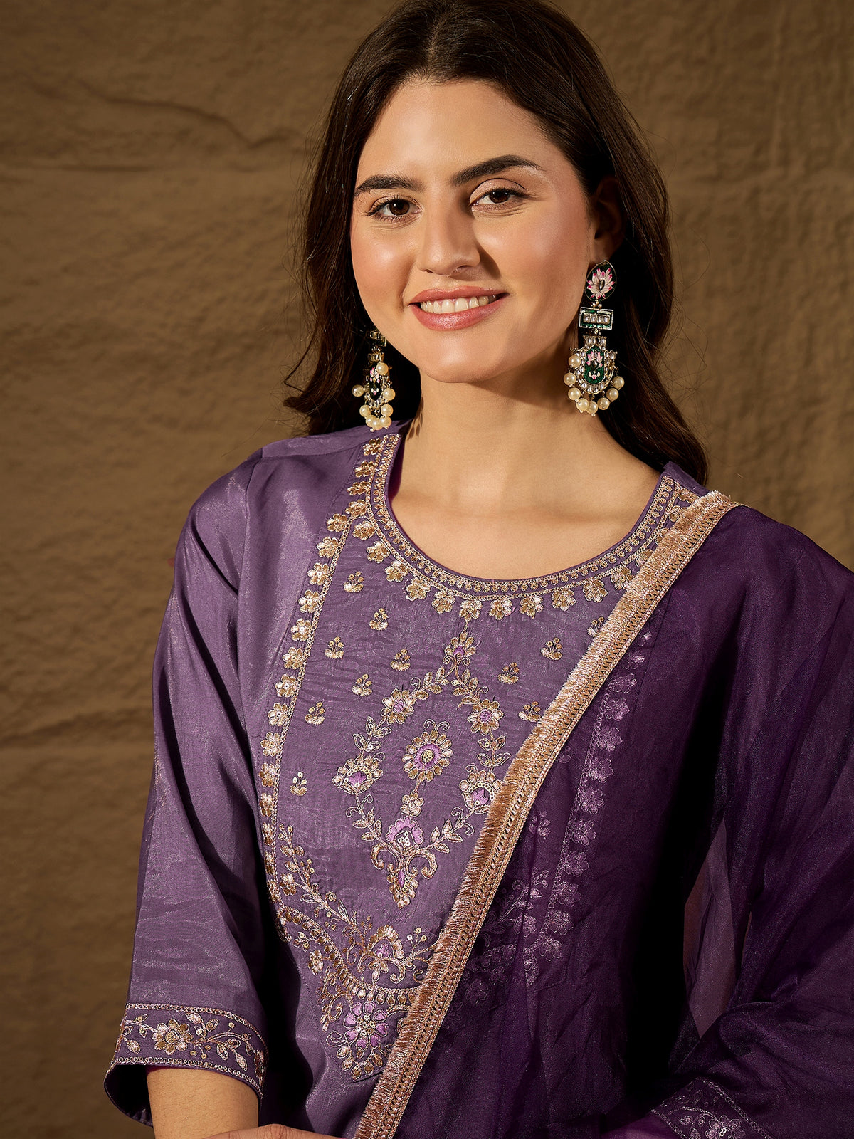 Royal Purple Silk Blend Kurta Set with Embroidered Yoke & Organza Dupatta