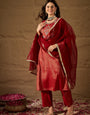 Radiant Red Silk Blend Kurta Set with Embroidered Yoke & Net Dupatta