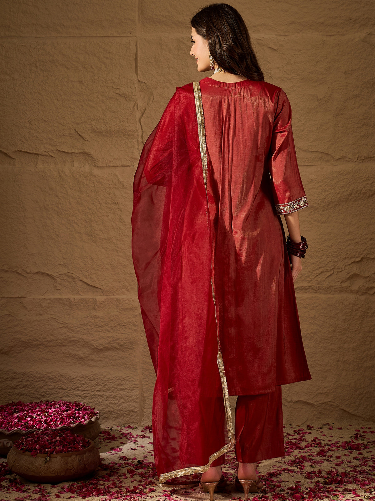 Radiant Red Silk Blend Kurta Set with Embroidered Yoke & Net Dupatta