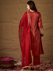 Radiant Red Silk Blend Kurta Set with Embroidered Yoke & Net Dupatta