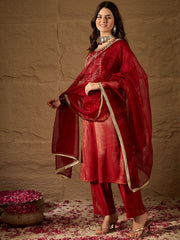 Radiant Red Silk Blend Kurta Set with Embroidered Yoke & Net Dupatta