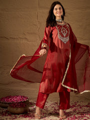 Radiant Red Silk Blend Kurta Set with Embroidered Yoke & Net Dupatta