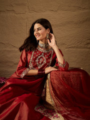 Radiant Red Silk Blend Kurta Set with Embroidered Yoke & Net Dupatta