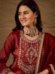 Radiant Red Silk Blend Kurta Set with Embroidered Yoke & Net Dupatta