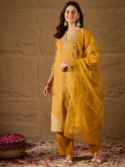 Mustard Yellow Kurta Set with Organza Dupatta