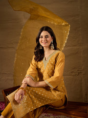 Mustard Yellow Kurta Set with Organza Dupatta