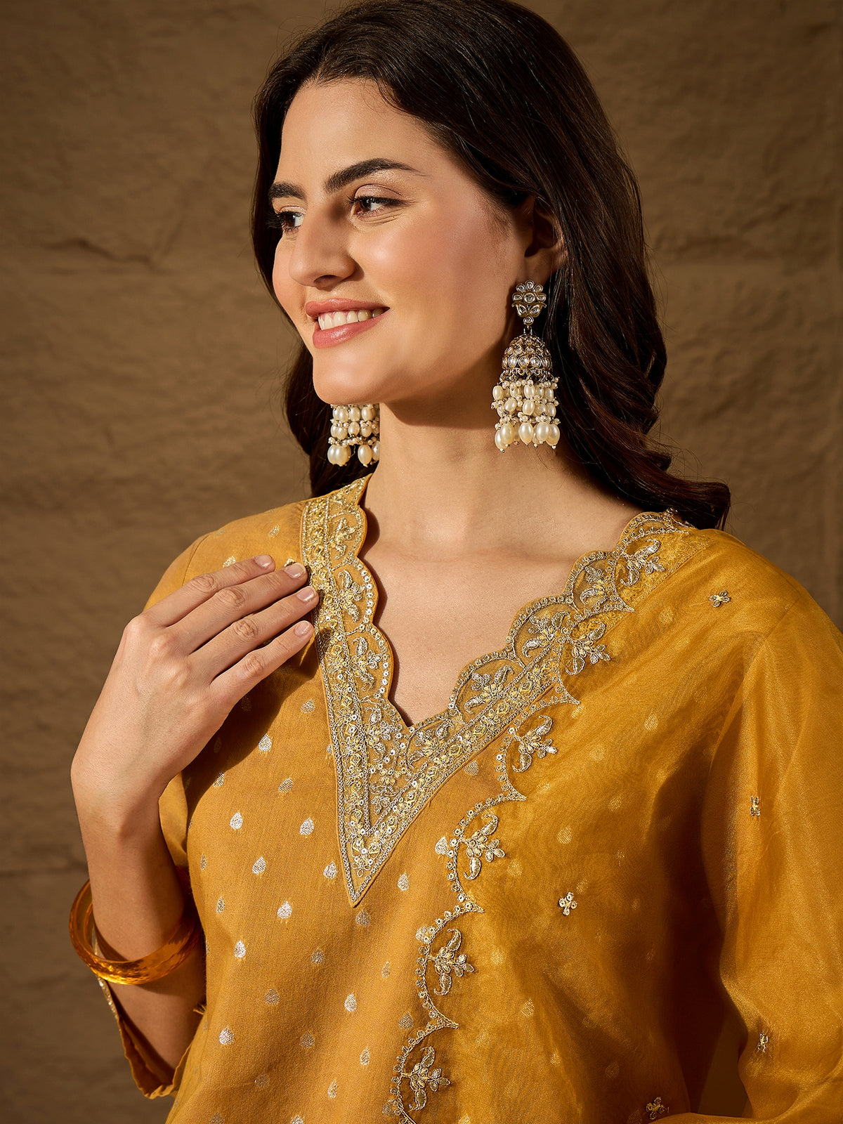 Mustard Yellow Kurta Set with Organza Dupatta