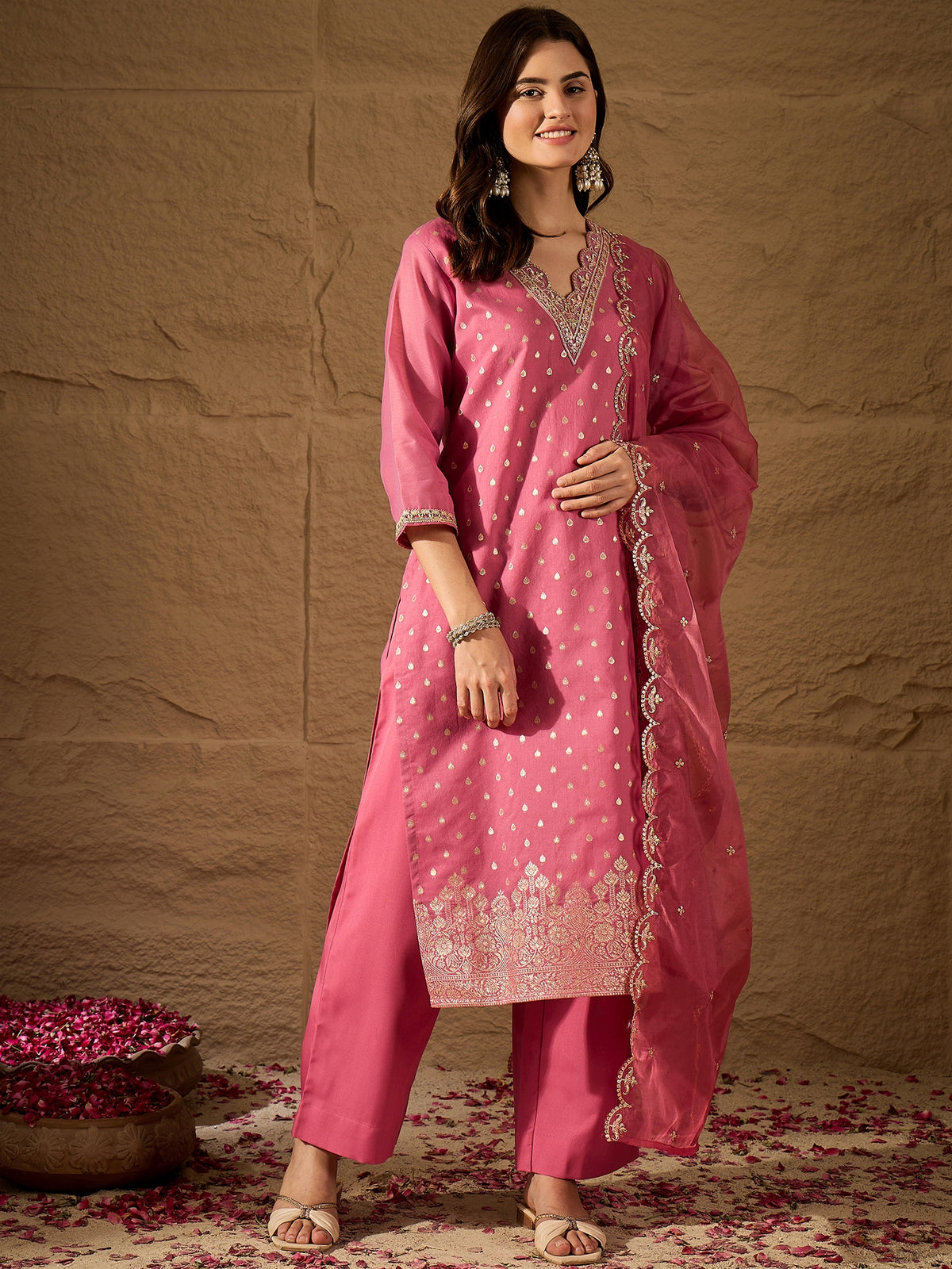Rose Pink Embroidered Kurta Set with Sheer Dupatta