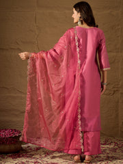 Rose Pink Embroidered Kurta Set with Sheer Dupatta