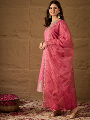 Rose Pink Embroidered Kurta Set with Sheer Dupatta