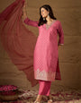 Rose Pink Embroidered Kurta Set with Sheer Dupatta