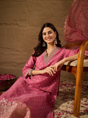 Rose Pink Embroidered Kurta Set with Sheer Dupatta