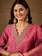 Rose Pink Embroidered Kurta Set with Sheer Dupatta
