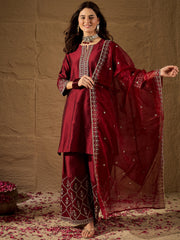 Maroon Embroidered Kurta Set with Palazzo and Organza Dupatta