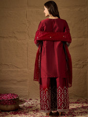 Maroon Embroidered Kurta Set with Palazzo and Organza Dupatta