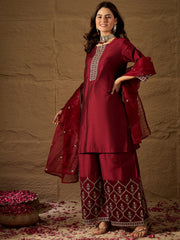 Maroon Embroidered Kurta Set with Palazzo and Organza Dupatta