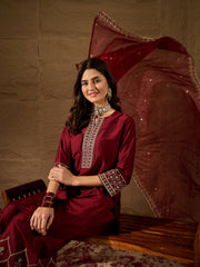 Maroon Embroidered Kurta Set with Palazzo and Organza Dupatta