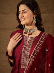 Maroon Embroidered Kurta Set with Palazzo and Organza Dupatta