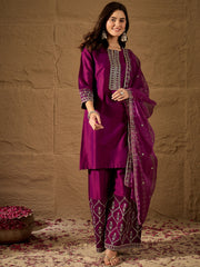 Wine Embroidered Kurta Set with Palazzo and Organza Dupatta