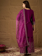 Wine Embroidered Kurta Set with Palazzo and Organza Dupatta