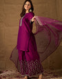 Wine Embroidered Kurta Set with Palazzo and Organza Dupatta