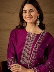 Wine Embroidered Kurta Set with Palazzo and Organza Dupatta