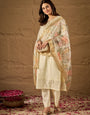 Off White Floral Print Dupatta Kurta Set with Straight Pants