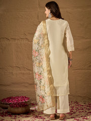 Off White Floral Print Dupatta Kurta Set with Straight Pants
