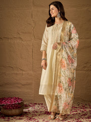 Off White Floral Print Dupatta Kurta Set with Straight Pants