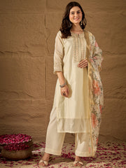 Off White Floral Print Dupatta Kurta Set with Straight Pants