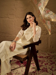 Off White Floral Print Dupatta Kurta Set with Straight Pants