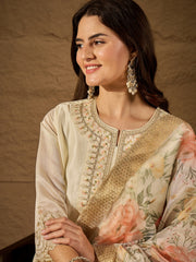 Off White Floral Print Dupatta Kurta Set with Straight Pants