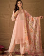 Peach Embroidered Kurta Set with Floral Organza Dupatta