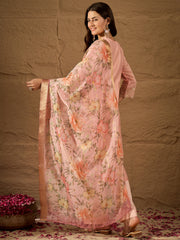 Peach Embroidered Kurta Set with Floral Organza Dupatta