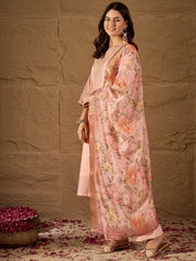 Peach Embroidered Kurta Set with Floral Organza Dupatta