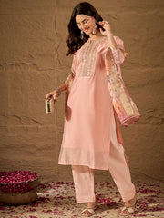 Peach Embroidered Kurta Set with Floral Organza Dupatta