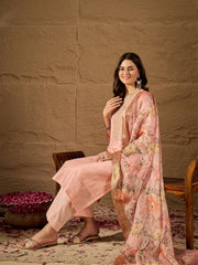 Peach Embroidered Kurta Set with Floral Organza Dupatta