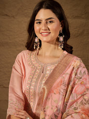 Peach Embroidered Kurta Set with Floral Organza Dupatta