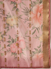 Peach Embroidered Kurta Set with Floral Organza Dupatta