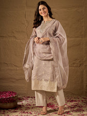 Elegant Embroidered Jacquard Cotton Silk Kurta Set with Dupatta