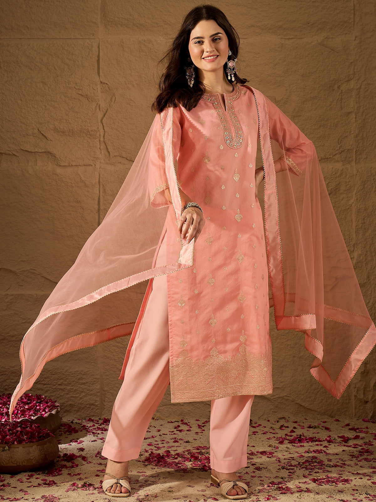Elegant Embroidered Jacquard Cotton Silk Kurta Set with Dupatta