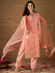 Elegant Embroidered Jacquard Cotton Silk Kurta Set with Dupatta