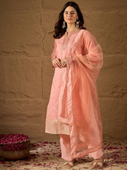Elegant Embroidered Jacquard Cotton Silk Kurta Set with Dupatta