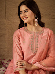 Elegant Embroidered Jacquard Cotton Silk Kurta Set with Dupatta