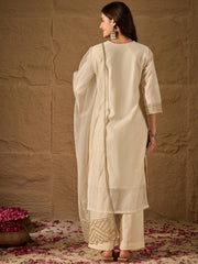 Off-White Embroidered Jacquard Cotton Silk Kurta Set with Dupatta