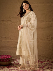 Off-White Embroidered Jacquard Cotton Silk Kurta Set with Dupatta