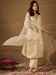 Off-White Embroidered Jacquard Cotton Silk Kurta Set with Dupatta