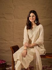 Off-White Embroidered Jacquard Cotton Silk Kurta Set with Dupatta