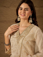 Off-White Embroidered Jacquard Cotton Silk Kurta Set with Dupatta